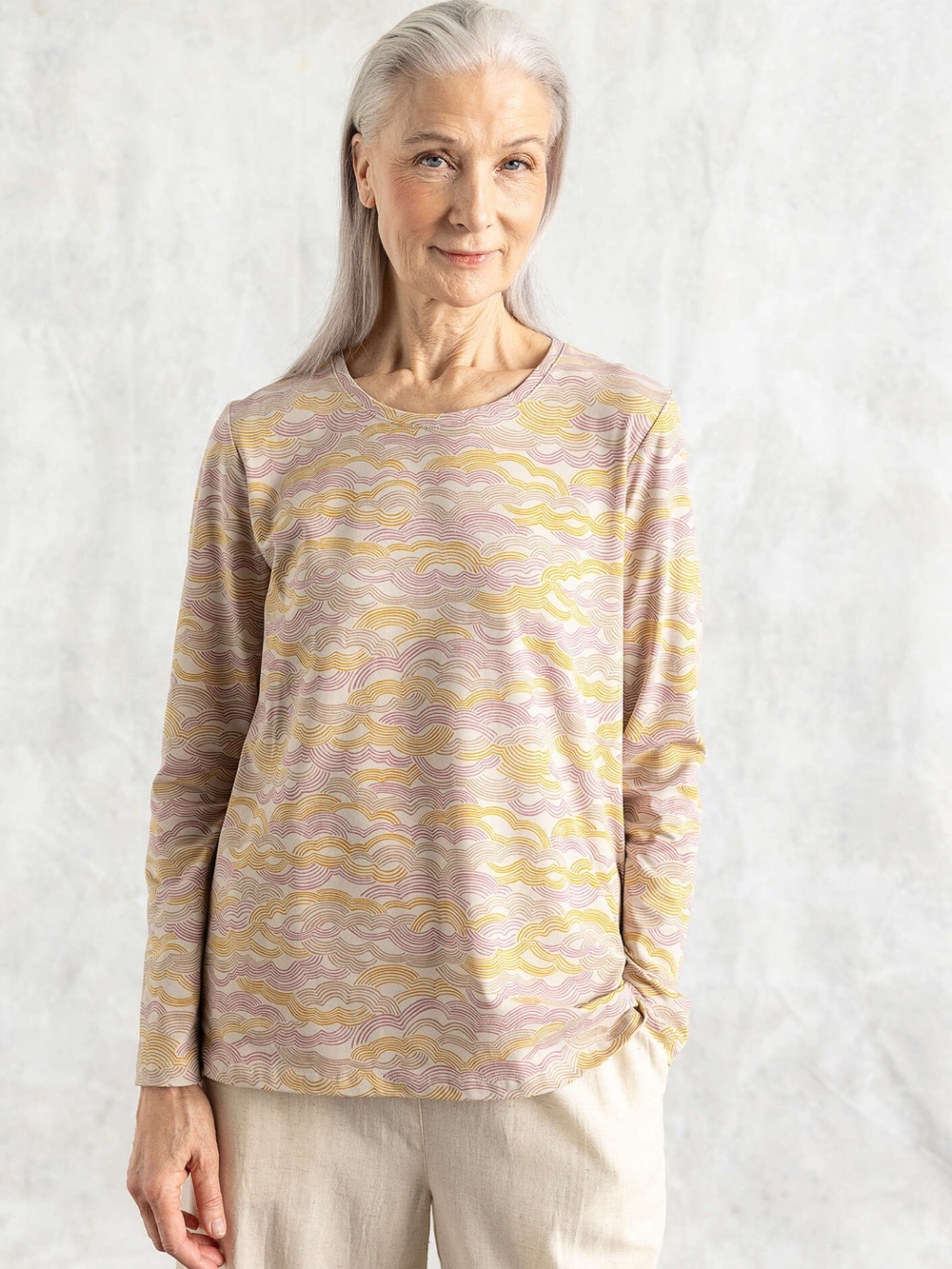 Gudrun Sjödén organic cotton natural wavy pattern long sleeve jersey top, XXL